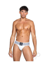 Playboy Mens Locker Room Classic Jock Small White model showcasing front view with ribbed knit pouch in minimalist style.