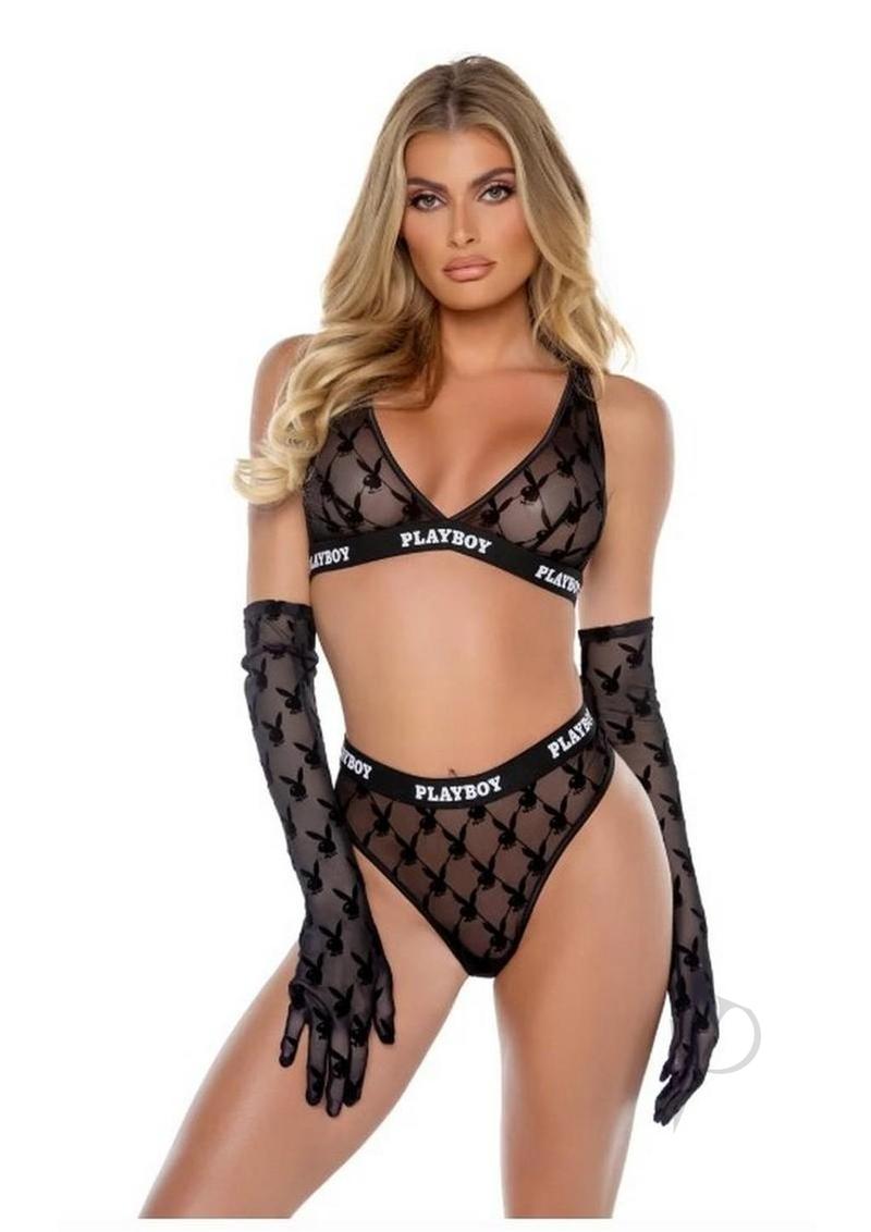 Playboy Flocked Bunny Bra Set Large Black featuring a soft bra and matching thong with iconic logo and velvety texture.