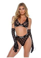 Playboy Flocked Bunny Bra Set Large Black featuring a soft bra and matching thong with iconic logo and velvety texture.