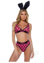 Playboy Flocked Bunny Bra Set Medium Pink/Black worn by a model with bunny ears and blonde hair.