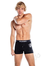 Playboy Mens Varsity Boxer Briefs Black and White 2XLarge shown on model with athletic build, showcasing stylish design.