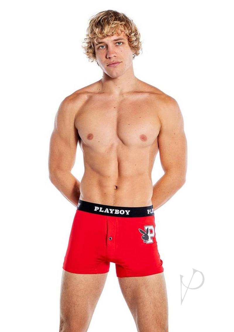 Playboy Mens Varsity Boxer Briefs Red/White 2XLarge model showcasing classic collegiate style and sporty fit.