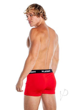 Playboy Mens Varsity Boxer Briefs Red/White 2XLarge model showcasing sporty and stylish fit from the back.