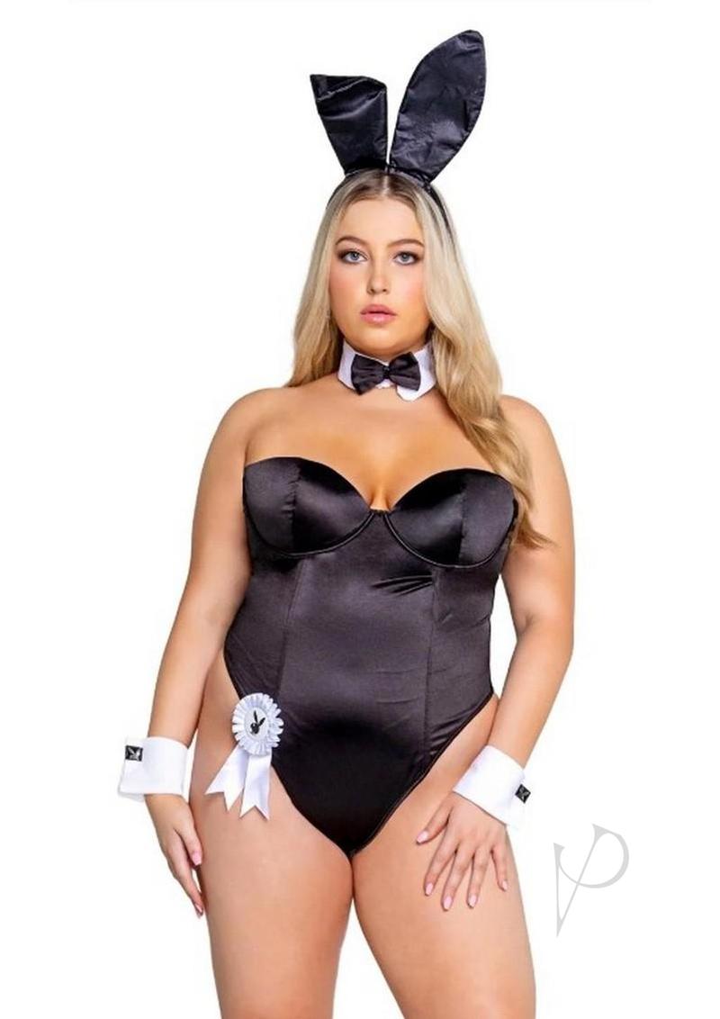 Playboy Classic Bunny Costume 1XLarge Black on model featuring corset bodysuit and signature accessories.