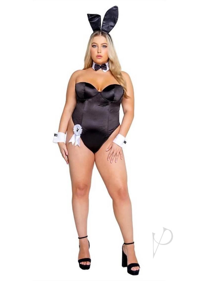 Playboy Classic Bunny Costume 1XLarge Black featuring a corset bodysuit and signature bunny accessories.