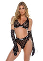 Playboy Flocked Bunny Bra Set XSmall Black modeled by a model in a stylish two-piece outfit with gloves.