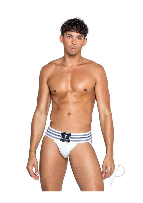 Playboy Mens Locker Room Classic Jock Medium White model showcasing front view with ribbed pouch and logo.