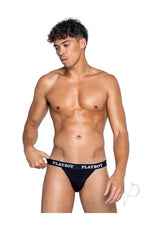 Playboy Mens Modal Jockstrap Medium Black and White model showcases comfort and style with a black jockstrap.