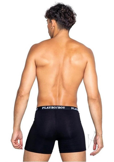 Playboy Mens Tuxedo Classic Boxer Medium Black/White back view model wearing black boxer shorts.