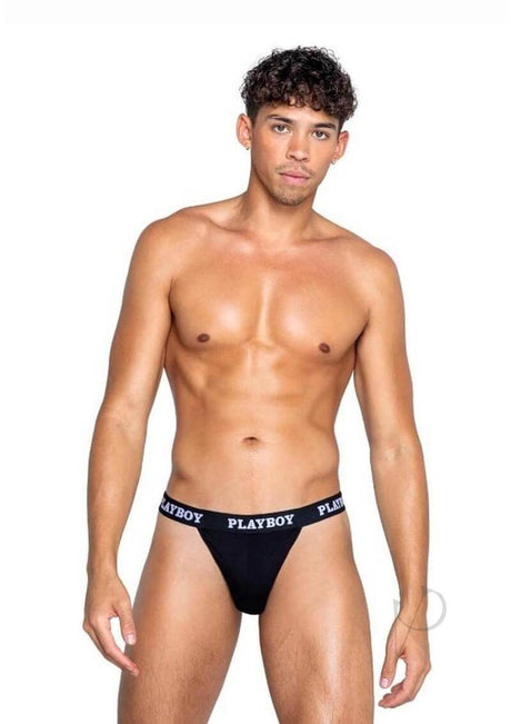 Playboy Mens Modal Gym Thong Small Black and White worn by model showcasing its comfort and stylish design.