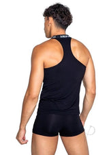 Playboy Mens Tuxedo Boxer Brief Large Black/White model showcasing the back view in a fitted black tank top and boxer briefs.