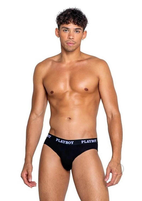 Playboy Mens Modal Gym Brief XLarge Black and White model wearing soft briefs with contrasting waistband