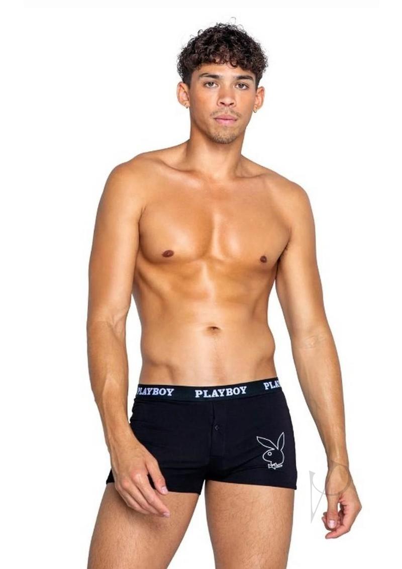 Playboy Mens Tuxedo Boxer Brief XLarge Black/White modeled by a man, showcasing soft comfort and stylish design.