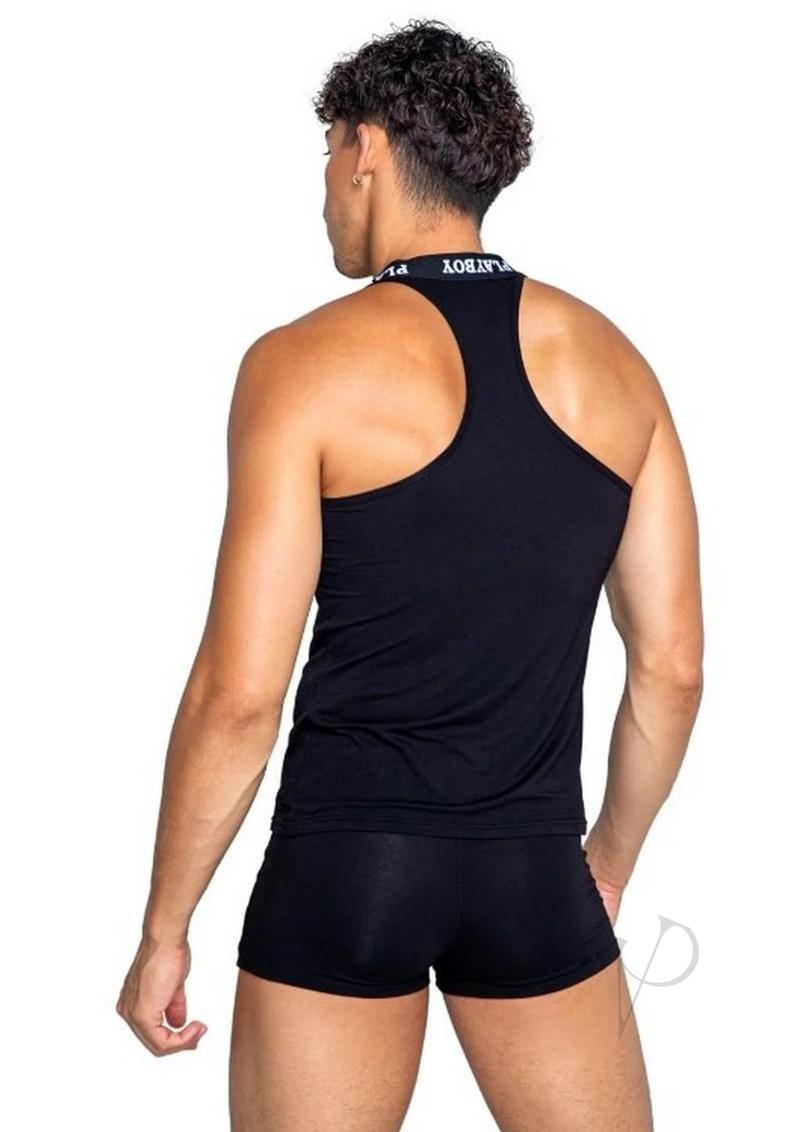 Playboy Mens Tuxedo Boxer Brief XLarge Black/White on a model from the back showing a stylish fit.