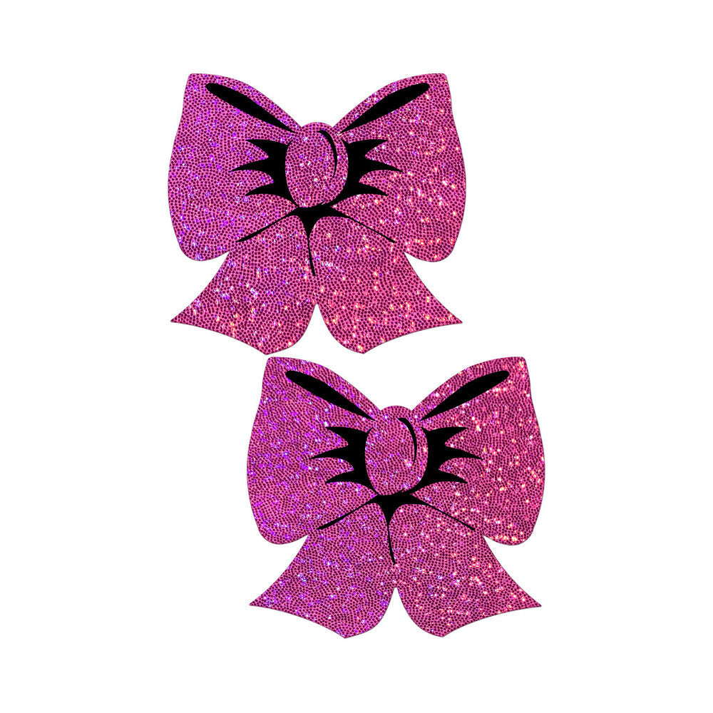 Pastease Bow Hot Pink Glitter Bows Nipple Pasties in sparkling hot pink glitter, adding playful allure to outfits.