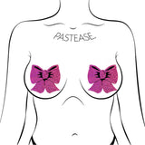 Pastease Bow Hot Pink Glitter Bows Nipple Pasties displayed on a model, showcasing the sparkling hot pink design.