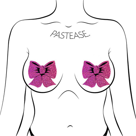 Pastease Bow Hot Pink Glitter Bows Nipple Pasties displayed on a model, showcasing the sparkling hot pink design.
