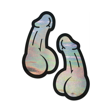 Pastease Penis Holographic Silver Dick Nipple Pasties featuring playful holographic design.