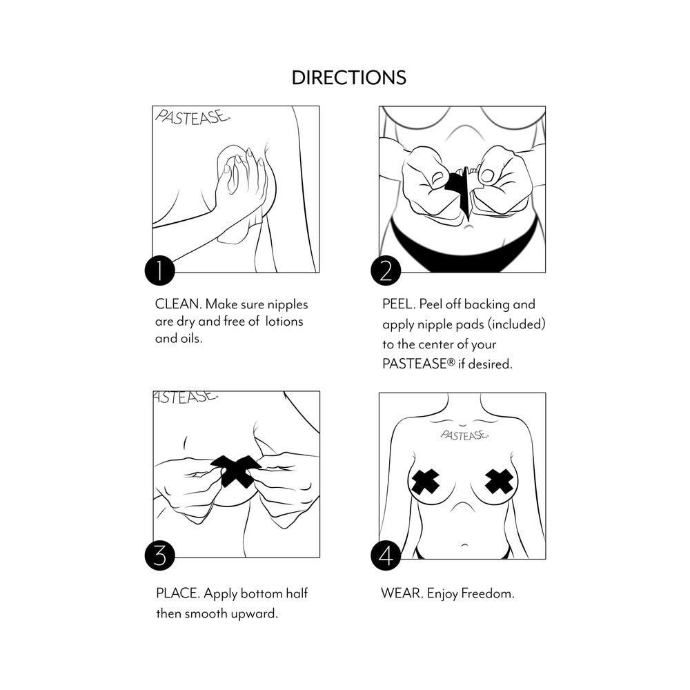 Directions for applying Pastease Indica Pot Leaf Green Weed Nipple Pasties, including cleaning and placement steps.