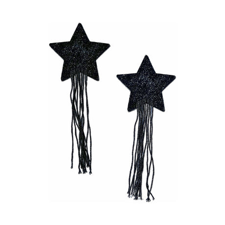 Pastease Black Sparkle Star Long Fringe Tassel Pasties with glitter and fringe for a glamorous look.