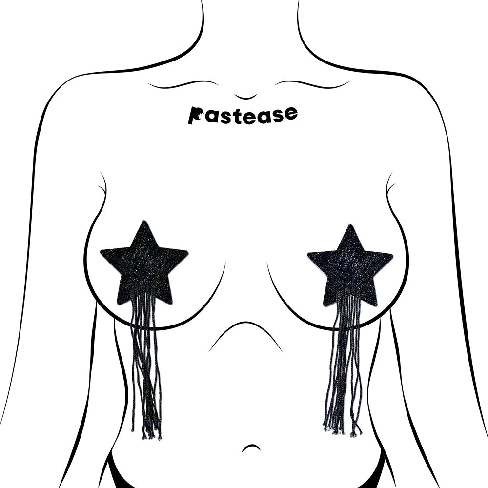 Pastease Black Sparkle Star Long Fringe Tassel Pasties on a model illustrating their burlesque-inspired design.