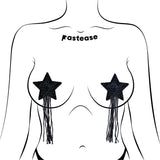 Pastease Black Sparkle Star Long Fringe Tassel Pasties on a model illustrating their burlesque-inspired design.