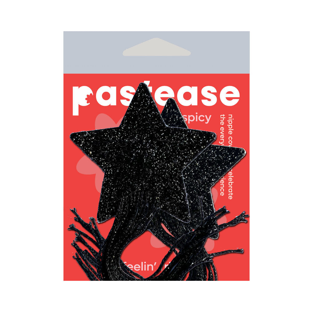 Pastease Black Sparkle Star Long Fringe Tassel Pasties in packaging, featuring glittery star-shaped nipple covers.