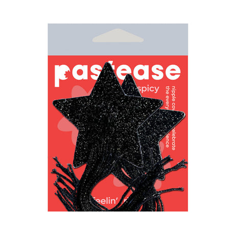 Pastease Black Sparkle Star Long Fringe Tassel Pasties in packaging, featuring glittery star-shaped nipple covers.