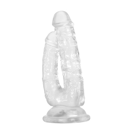 Gender X Dualistic Clear Double Shaft Suction Cup Dildo with two distinct shafts in crystal-clear TPE.