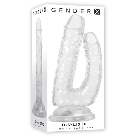 Gender X Dualistic Clear Double Shaft Suction Cup Dildo displayed in packaging with body-safe TPE.