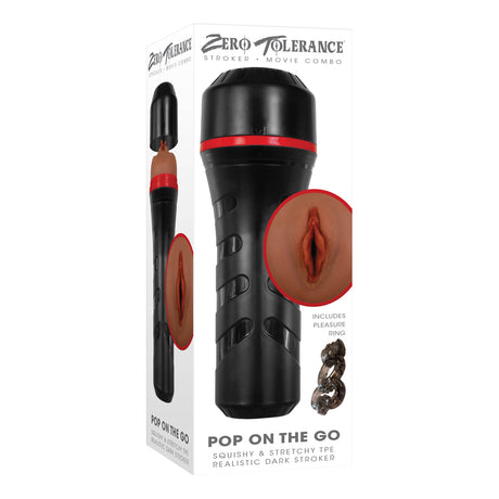 Zero Tolerance Pop On The Go Dark Vagina Stroker packaging with realistic entry and textured canister.