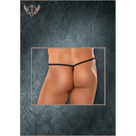 Male Power Satin Spandex Posing Strap Black One Size displayed on model from behind, showcasing minimal coverage and sleek design.