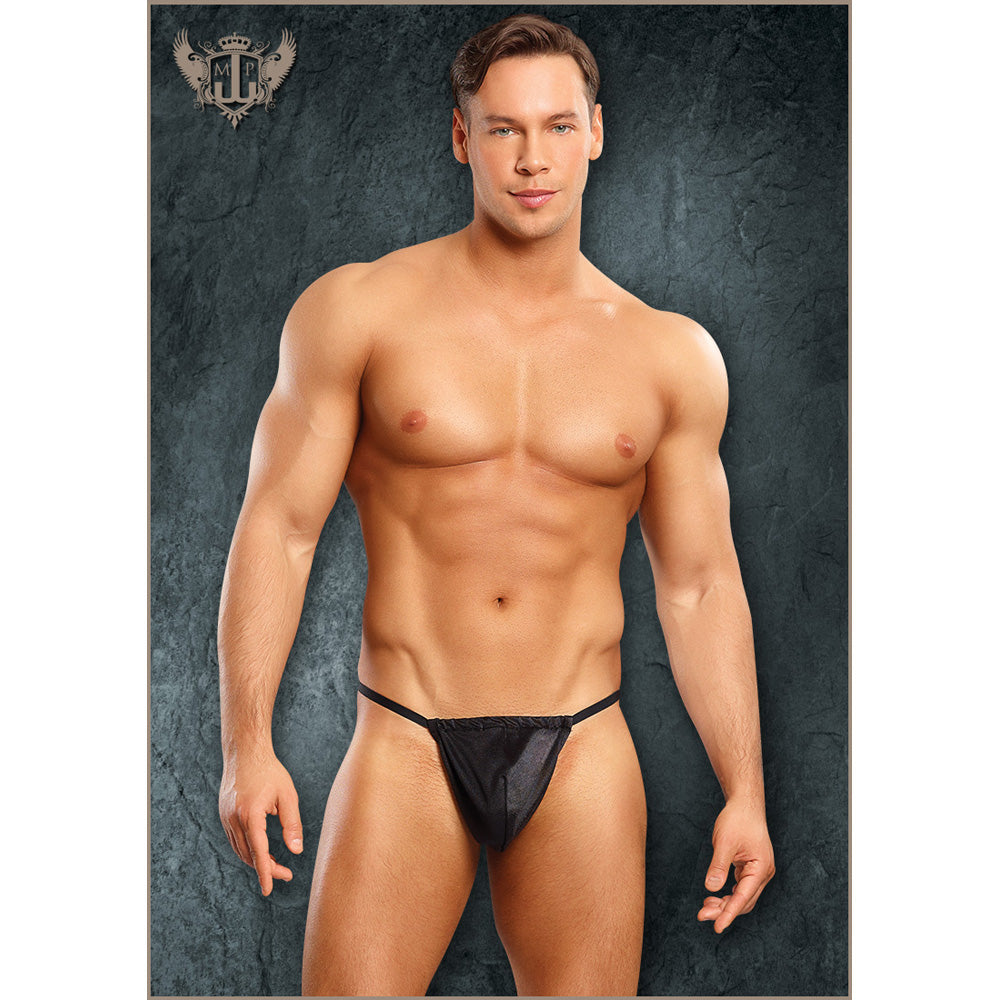 Male Power Satin Spandex Posing Strap Black One Size showcased by a muscular male model.