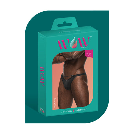 Wow Magnificence Micro V Thong Black S/M packaging with model showcasing the stylish design.