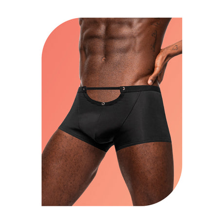 Male Power Wow Magnificence Mini Short Black Large on a model showcasing the cut-out design and comfortable fit.