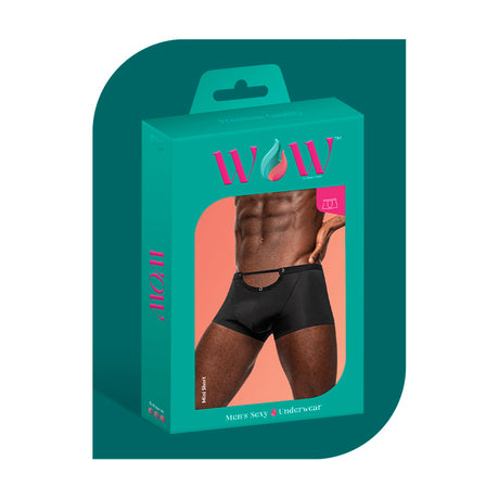 Male Power Wow Magnificence Mini Short Black Large packaging featuring men's sexy underwear with a unique cut-out design.
