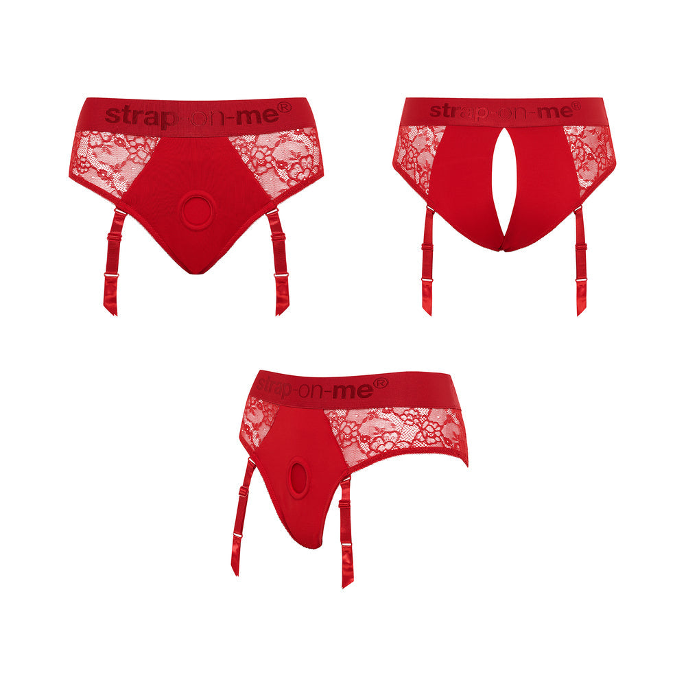 Strap-on-me Diva Lingerie Harness Red Medium showcasing a lace design with a functional strap-on feature.
