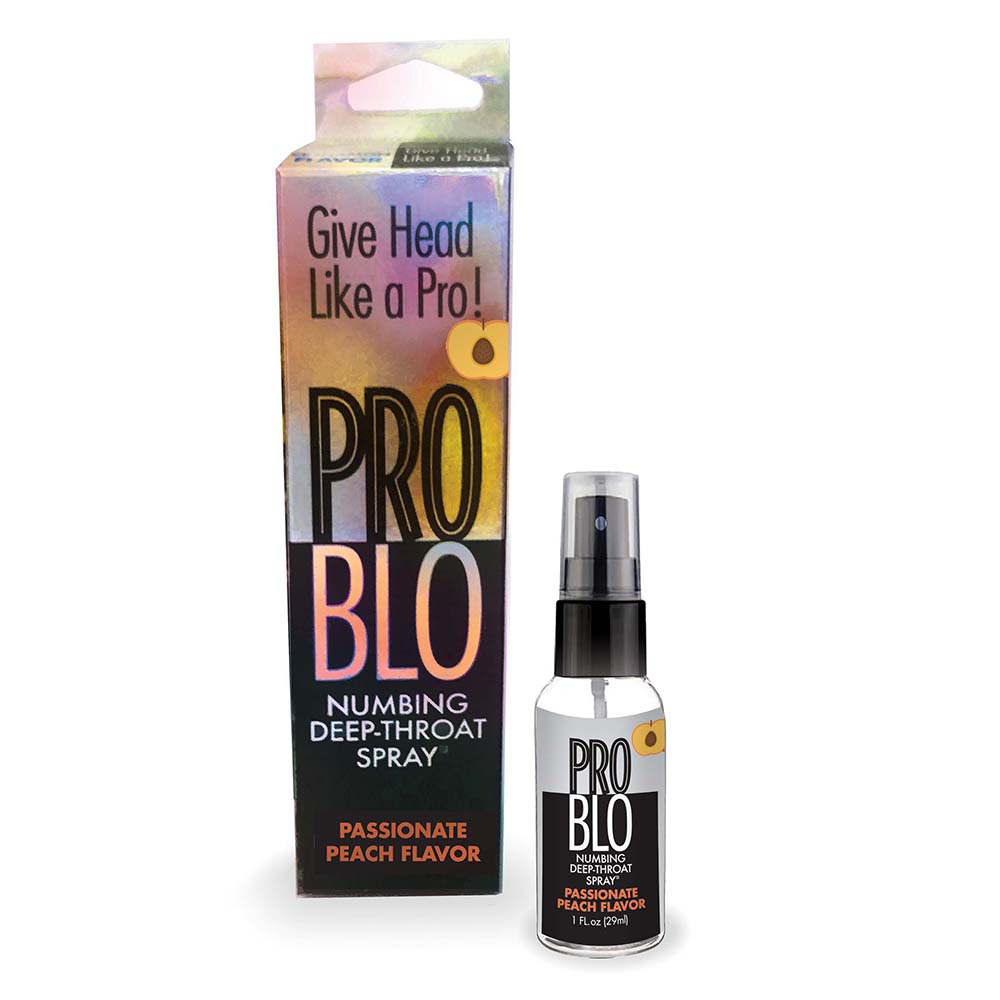 Pro Blo Numbing Deep Throat Spray Peach 1 Oz packaging showcasing its passionate peach flavor.