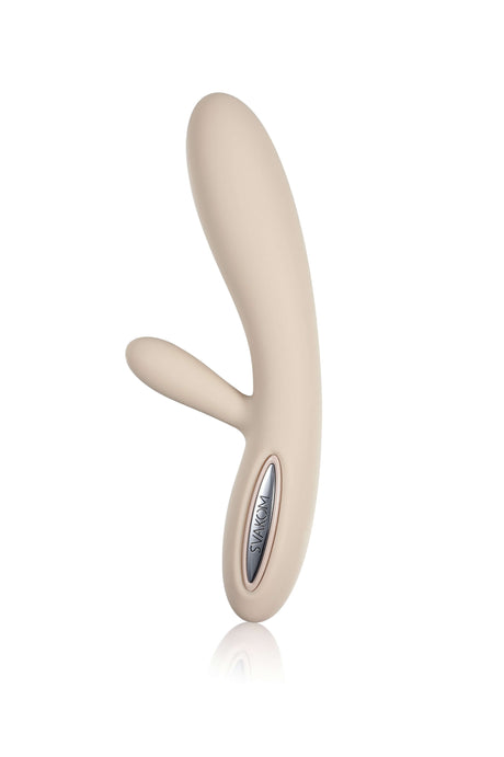 Svakom Lester Rechargeable Warming Rabbit Vibrator Khaki on a reflective surface, showcasing its elegant design.