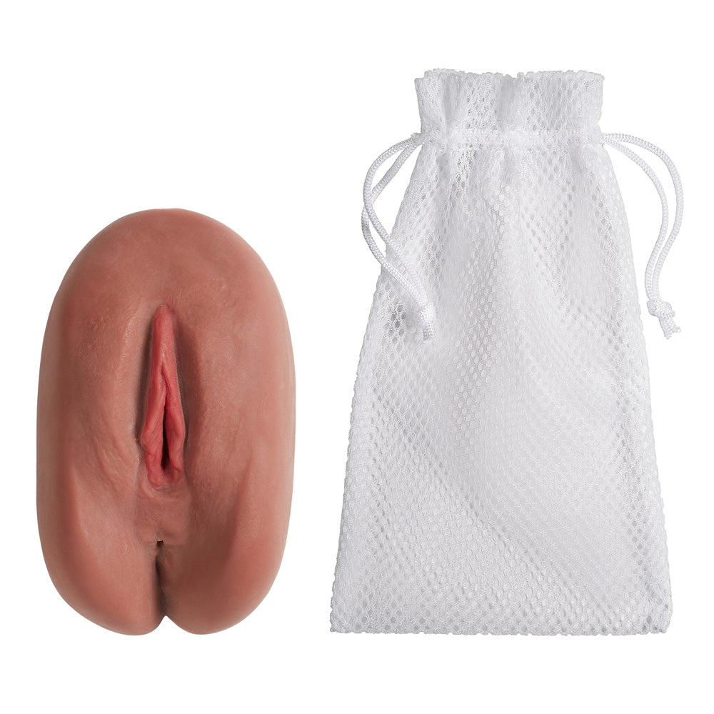 Cloud 9 Personal Pussy & Anal Body Mold Stroker Brown with a mesh storage pouch, showcasing realistic dual openings.