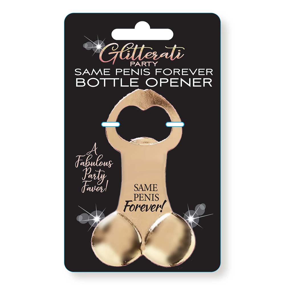 Glitterati Party Same Penis Forever Bottle Opener, a fun and elegant novelty accessory for parties.