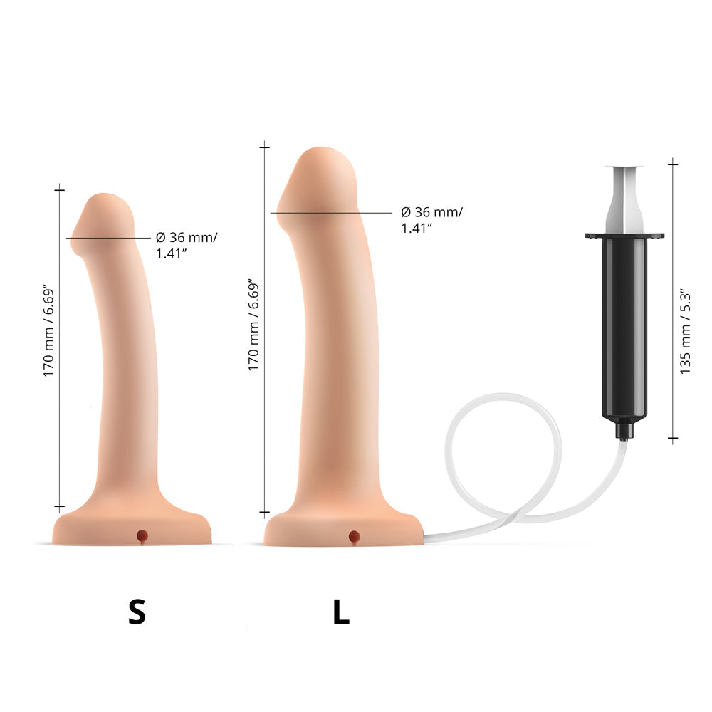 Strap-On-Me Small Squirting Cum Dildo Vanilla image showing size options and syringe attachment for realistic play.