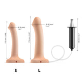 Strap-On-Me Small Squirting Cum Dildo Vanilla image showing size options and syringe attachment for realistic play.