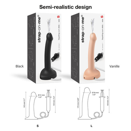 Strap-On-Me Small Squirting Cum Dildo Vanilla and Black packaging with semi-realistic design and dimensions.