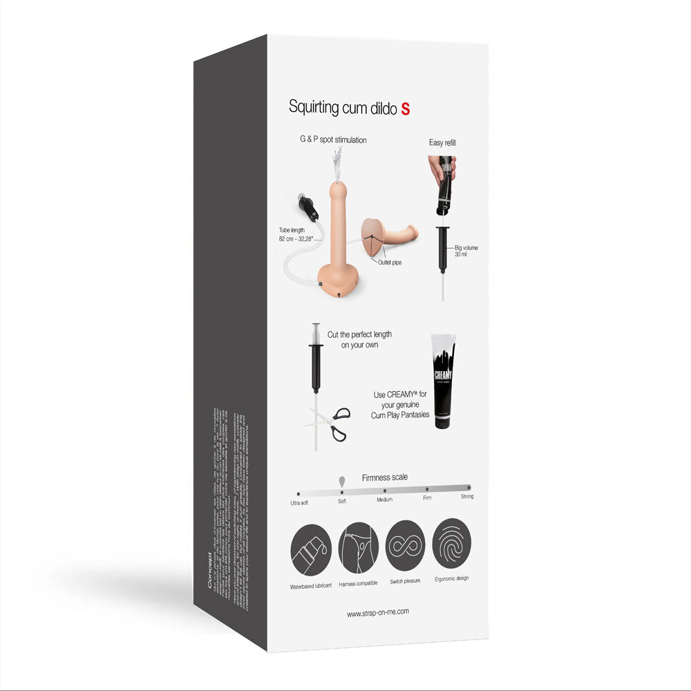 Strap-On-Me Small Squirting Cum Dildo Vanilla packaging features and instructions for use.
