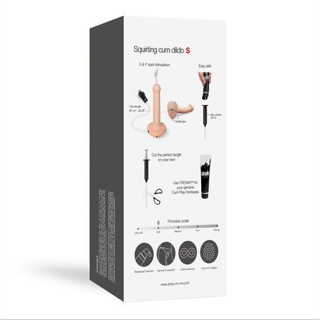 Strap-On-Me Small Squirting Cum Dildo Vanilla packaging features and instructions for use.