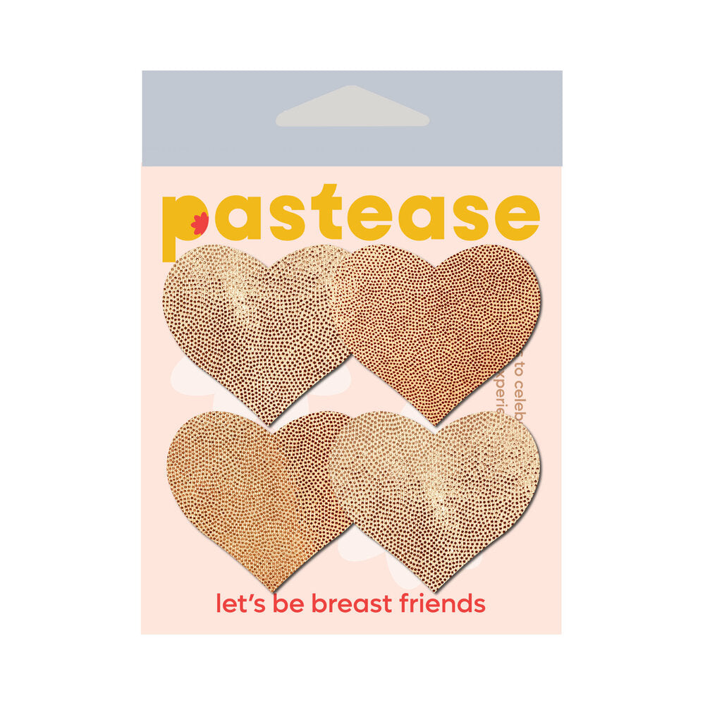 Pastease Petites Liquid Hearts Pasties Rose Gold 2-pack featuring four heart-shaped nipple covers in shimmering rose gold.