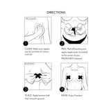 Directions for Pastease Petites Liquid Hearts Pasties Rose Gold 2-pack application including cleaning, peeling, placing, and wearing.