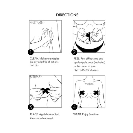 Directions for Pastease Petites Liquid Hearts Pasties Rose Gold 2-pack application including cleaning, peeling, placing, and wearing.