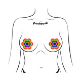 Pastease Rainbow Daisy Pasties featured on a stylized body with floral designs, showcasing playful and colorful aesthetics.